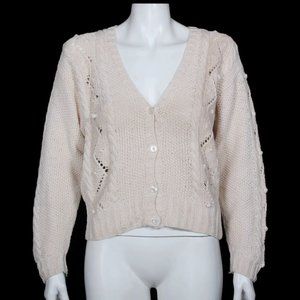 Vtg Cottagecore Michele Stuart Pom Dot Cable Knit Cardigan Womens sz M /928